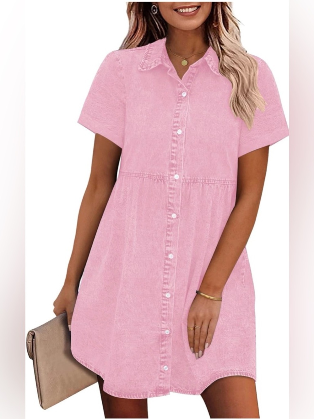 Women’s Pink Denim Short-Sleeve Shirt Dress
